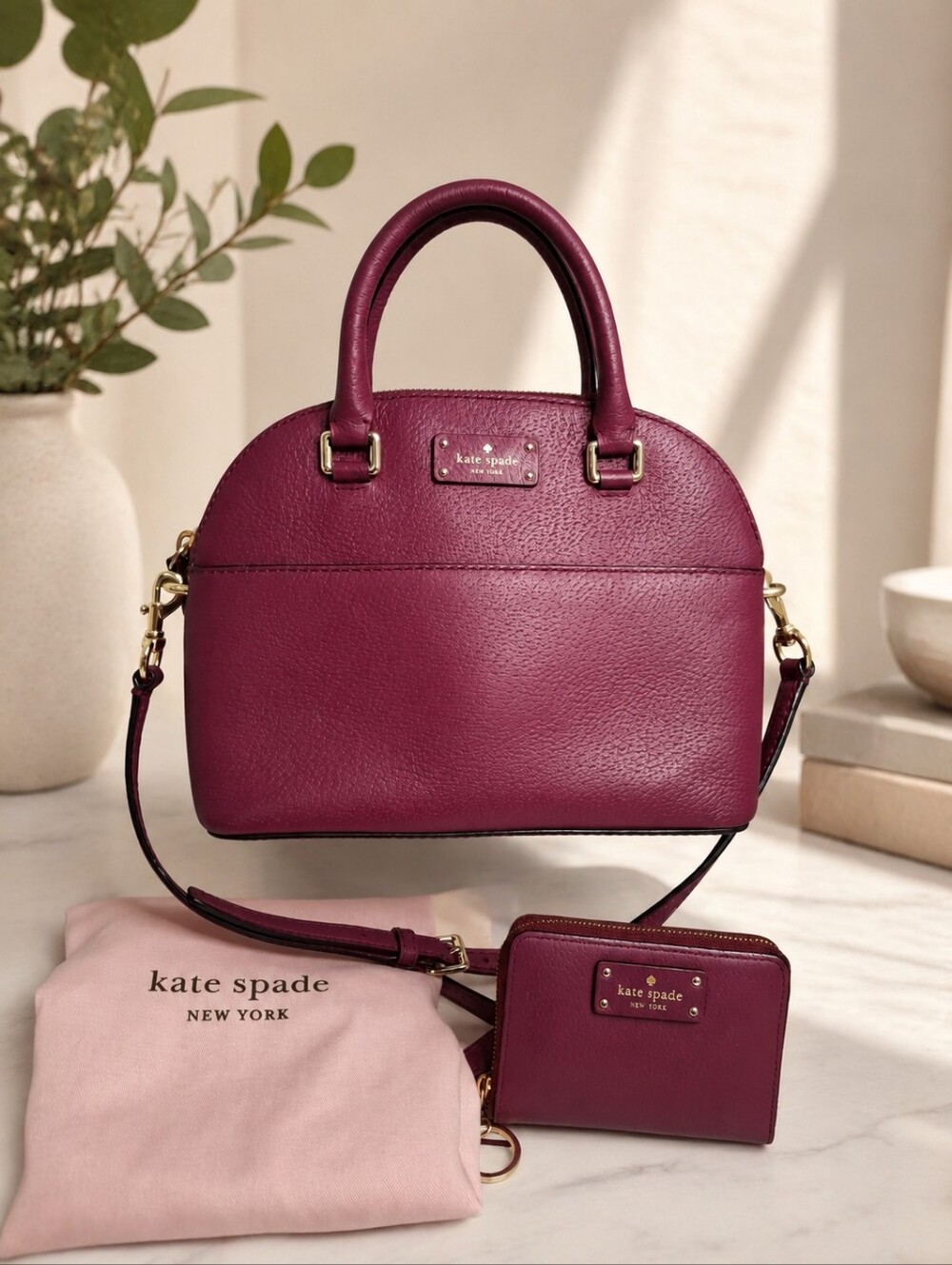 Kate Spade Grove Street Carli Burgundy Leather Satchel Crossbody Bag Wallet Set